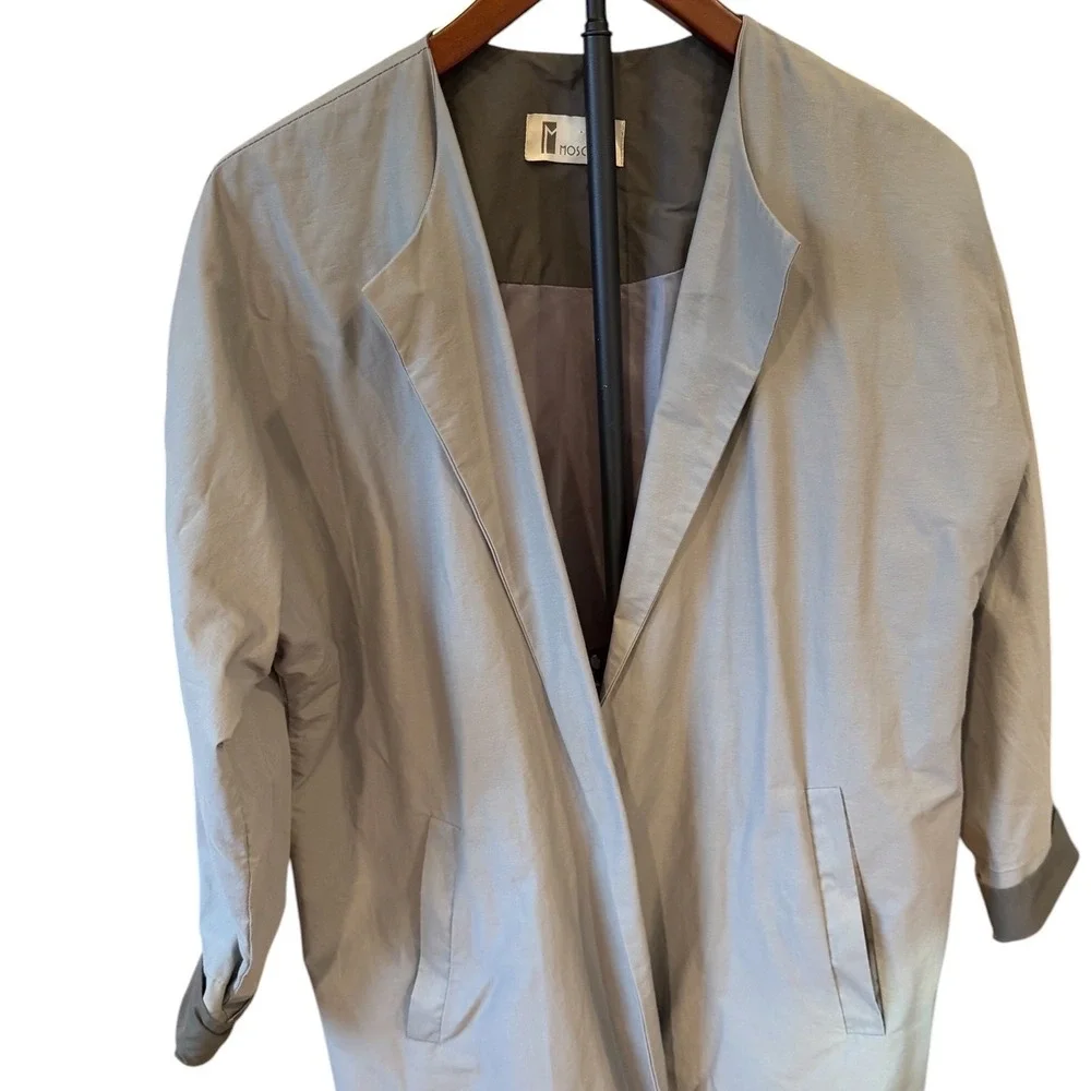 Moscona Grey Open Front Duster Coat Lightweight Longline Jacket Modern Chic M - Picture 3 of 6